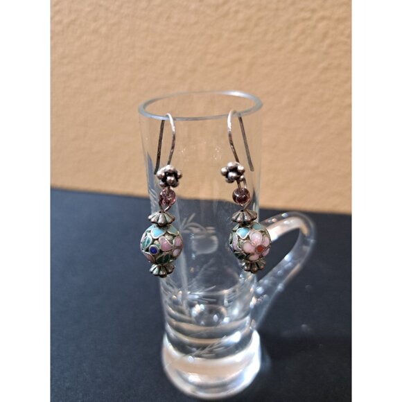 Vintage Cloisonné Bead Dangle Earrings With Silver Hooks - Picture 2 of 4